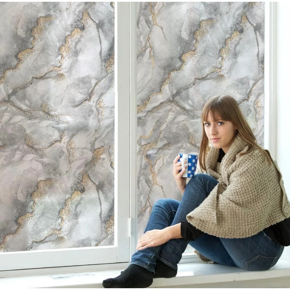 Marble Privacy Window Film Static Cling Quicksand Gold 35.4 x 118.1 X0043EOPTR